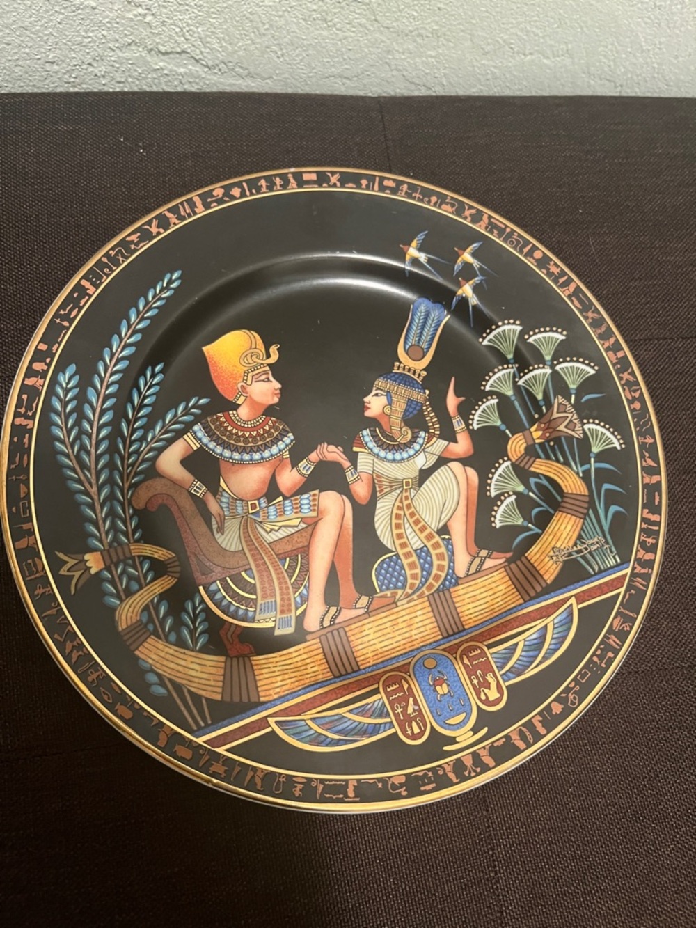 #1854**Egyptian Motif Decorative Plate in Black, Gold, Blue